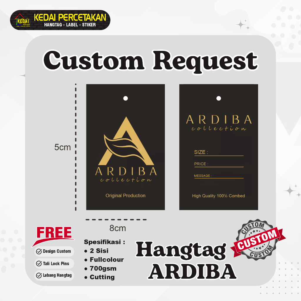 

HANGTAG ARDIBA COLLECTION 5x8cm hantag aksesoris handtag Souvenir hangtag Custom hentek thank you handstag hangteg merk price tag label baju lebel merek bonus tali (HTAC) 2 Sisi