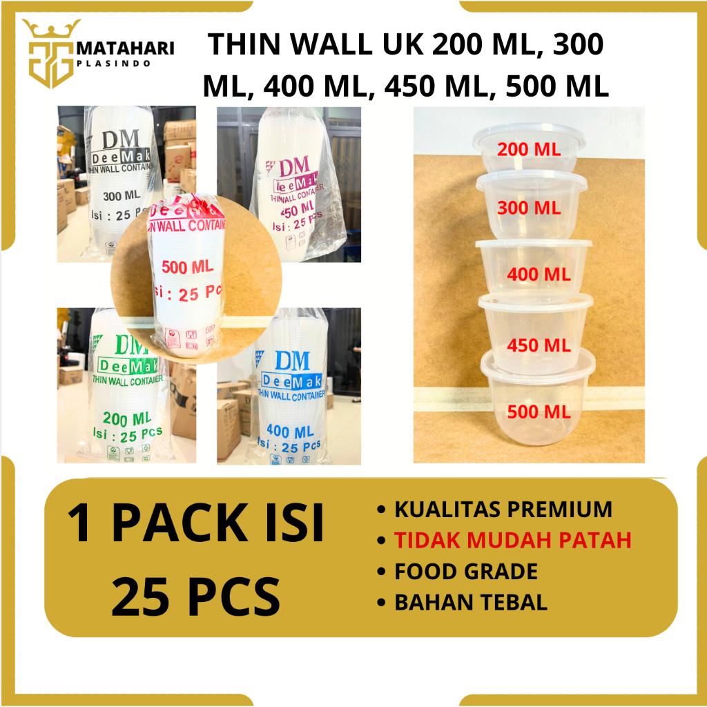 GMP - THINWALL MANGKOK BULAT + TUTUP ISI 25 PCS UK 500ML/450ML/400ML/300ML/200ML - PLASTIK DATAR BOW