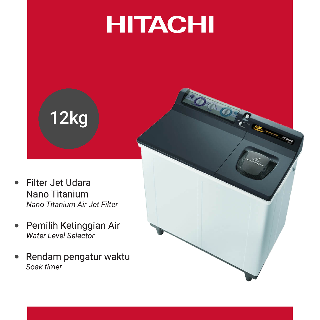 HITACHI Mesin Cuci 2 Tabung 12 Kg PS-1200LSJ-B