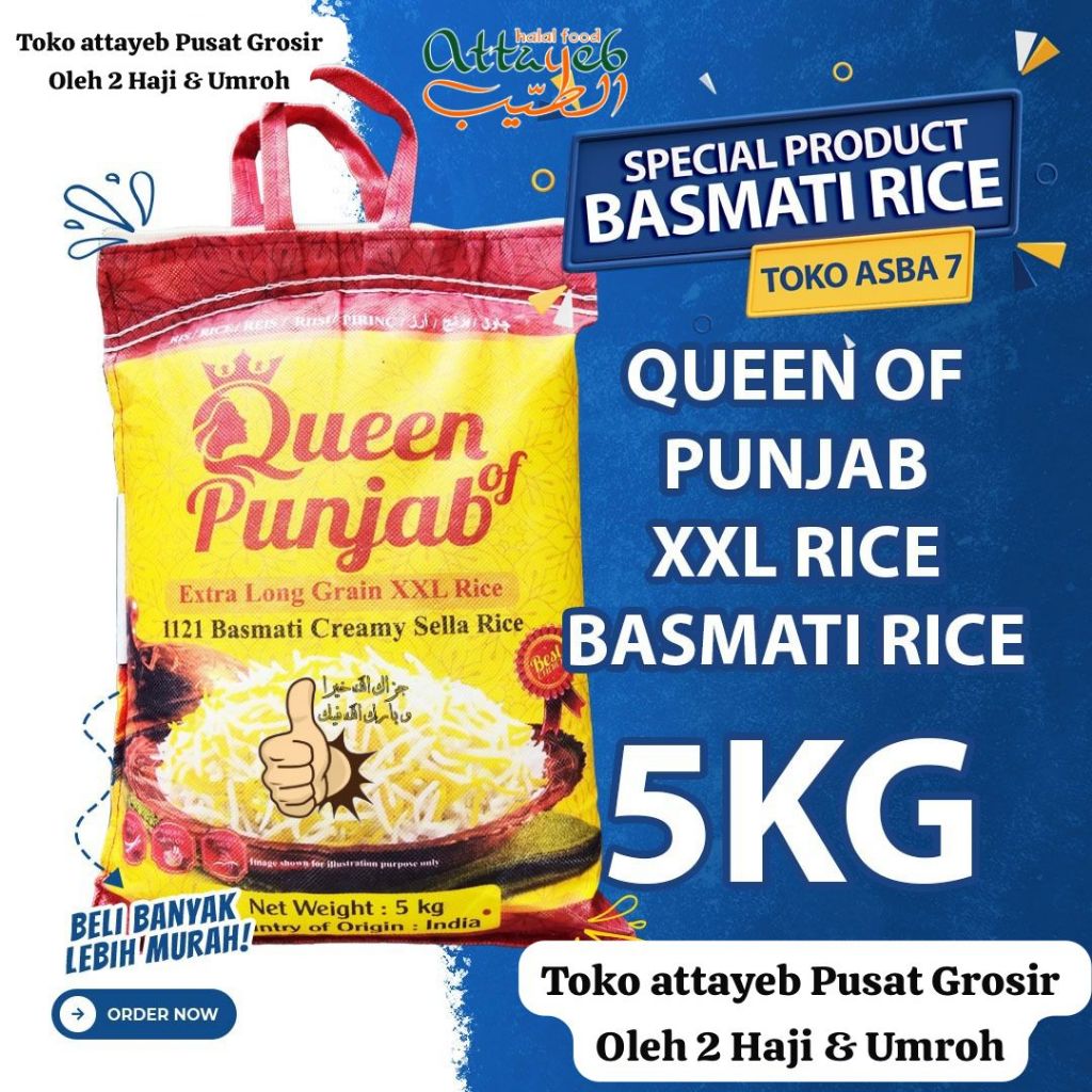 

Beras Basmati Queen Of Punjab 5kg Extra Long XXL Grain Grade Super Premium Terbaik Besar Putih Bersih India Panjang Bersih Mudah di Masak dan Tidak Pacah Bersih Harum Bagus untuk atasi Diabetes (EXP 2026)