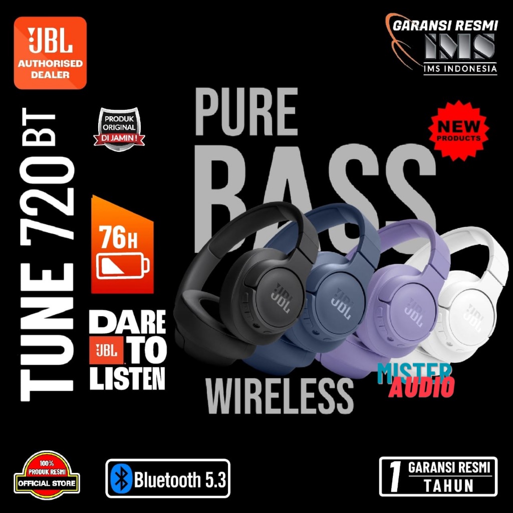 JBL TUNE 720BT - Headphone Over-Ear Nirkabel Hitam dengan Baterai Hingga 76 Jam