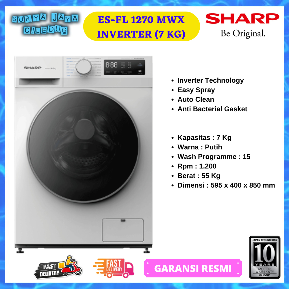 (KARGO) MESIN CUCI SHARP FRONT LOADING ES-FL1270MWX, 7 KG INVERTER