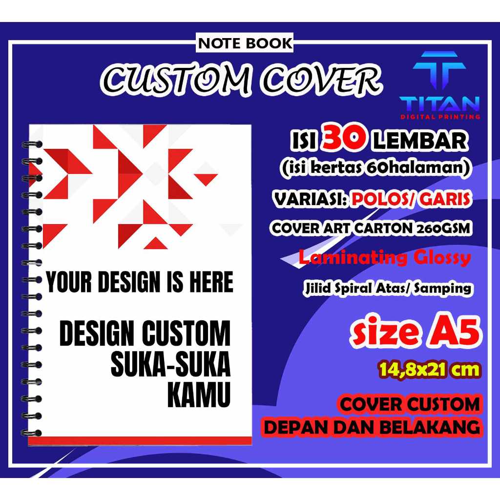 

Notebook/notes spiral custom A5 isi 30 lembar garis/polos