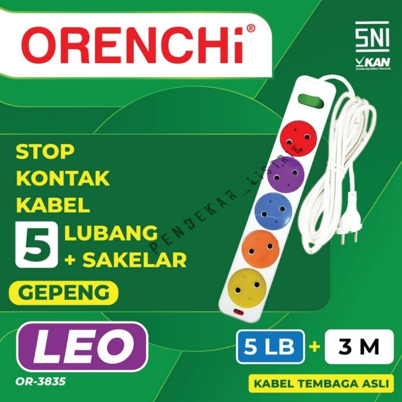 Stop Kontak Gepeng 5 Lubang + Saklar, Panjang Kabel 3 Meter Orenchi Leo