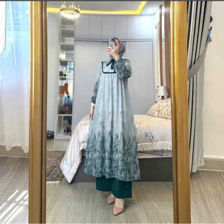 Maharanie - One Set Long Tunik Yumna Setelan Baju Wanita Ceruty Premium Full Furing Motif Bunga Vira