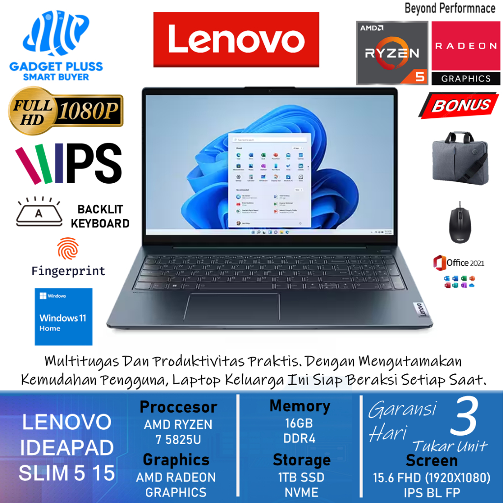 Laptop Lenovo Ideapad Slim 5 15 AMD Ryzen 7 5825U 16GB 1TB SSD15.6 inch FHD IPS BL FP Win11Home