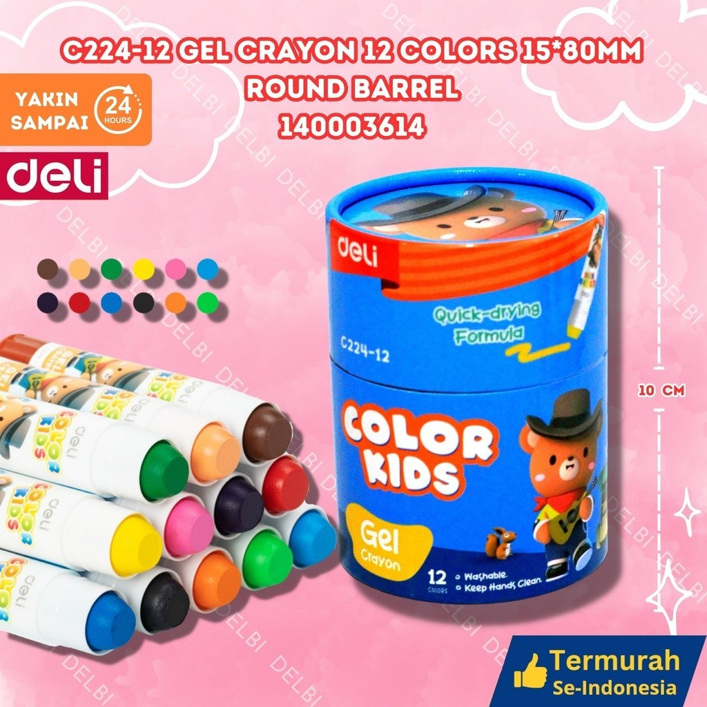 

Deli Plastic Crayon / Krayon Plastik C224-12 Gel Crayon 12 Colors 15*80mm round barrel