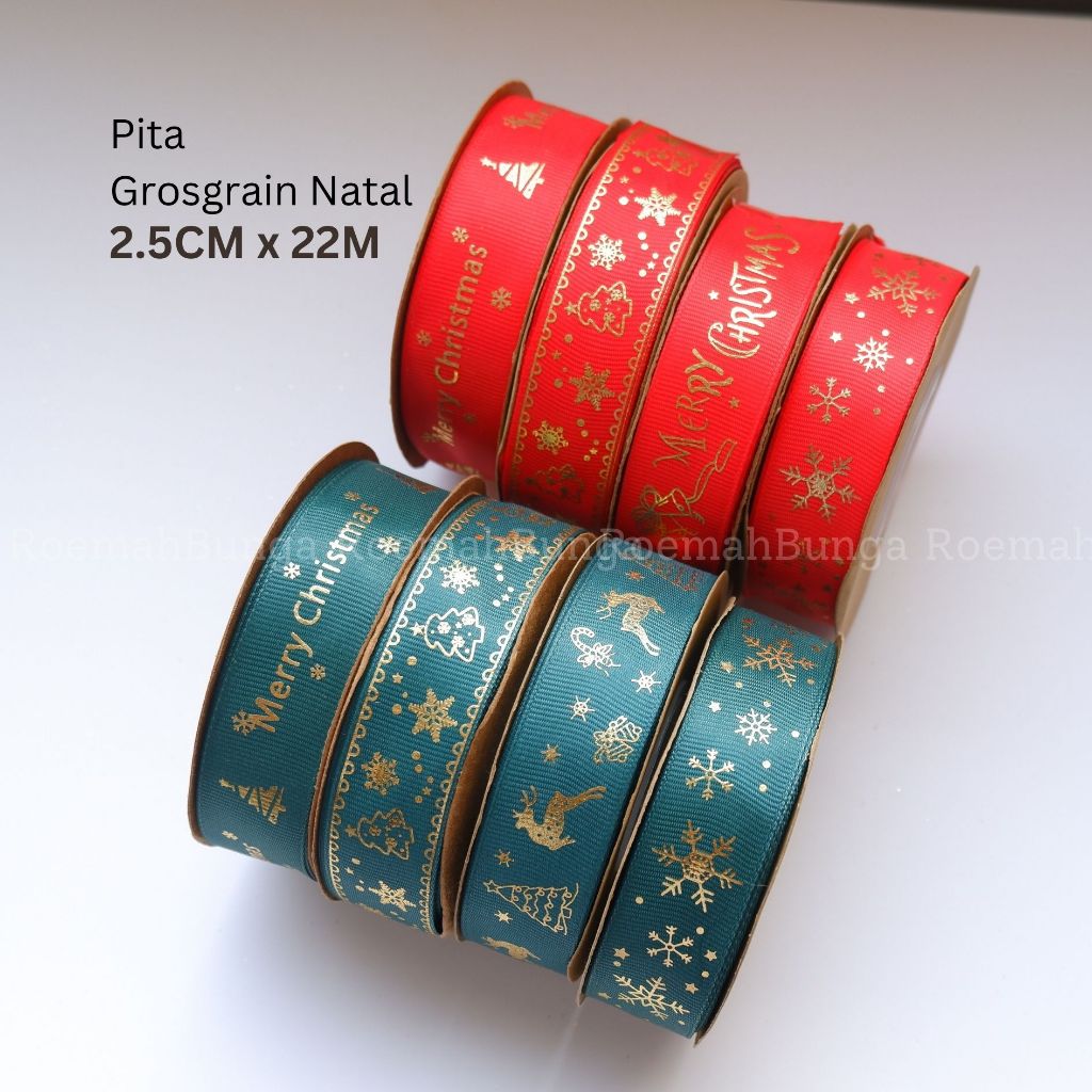 

[ROLL 2,5 CM x 22 M] Pita Natal Grossgrain Gold Print Ribbon Christmas RB003