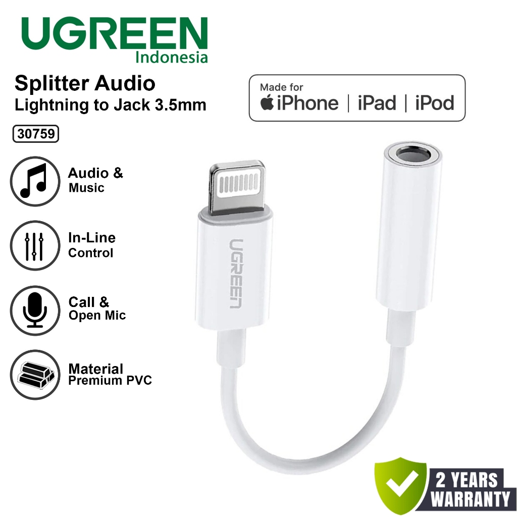 UGREEN 30759 Audio Converter Lightning to 3.5mm MFI Made For Iphone 8 8+ Plus X 11 12 13 14 Pro Max 