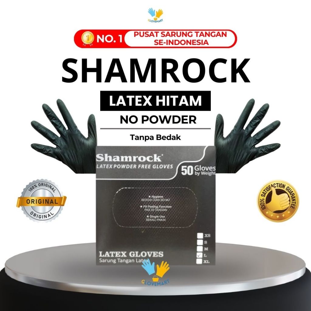 Shamrock HITAM Latex no powder / Sarung Tangan Shamrock Latex No Powder HITAM / Sarung Tangan Karet 