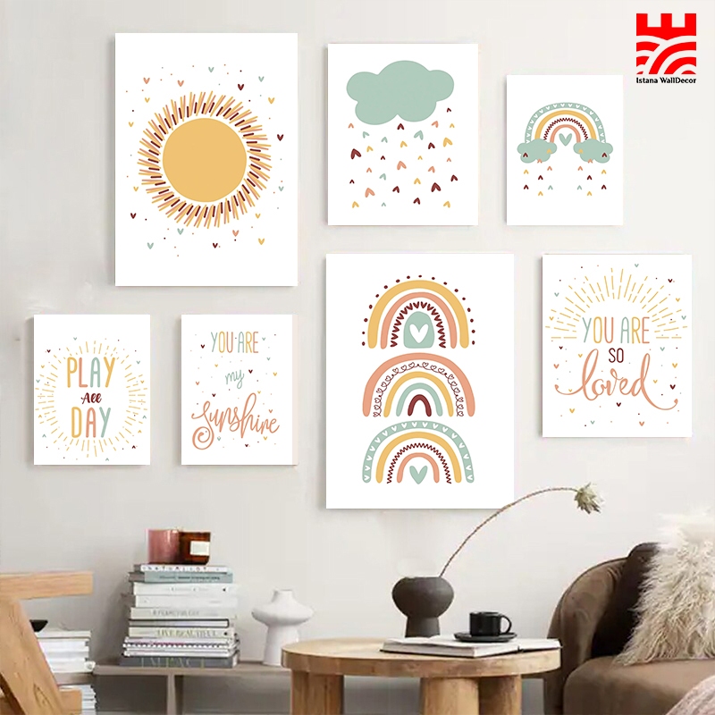 Poster Rainbow Pastel Lucu dan Kata-Kata Positif Hiasan dinding gambar Pelangi dan Matahari untuk Ru