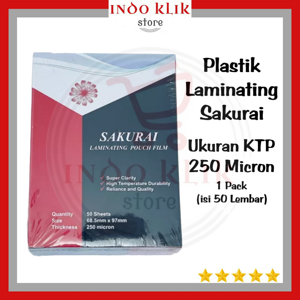 

Plastik Laminating Sakurai Ukuran KTP 250 Micron 68.5 x 97 mm isi 50 lembar / Laminating KTP Tebal