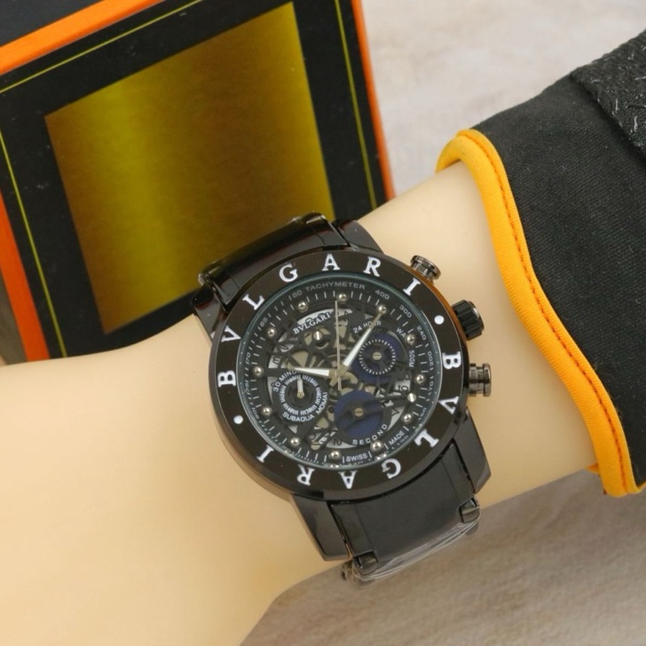 Jam Tangan Pria BVLGARI Rantai Stainless Steel Chrono Off Tanggal Aktif Jam Tangan Fashion Cowok