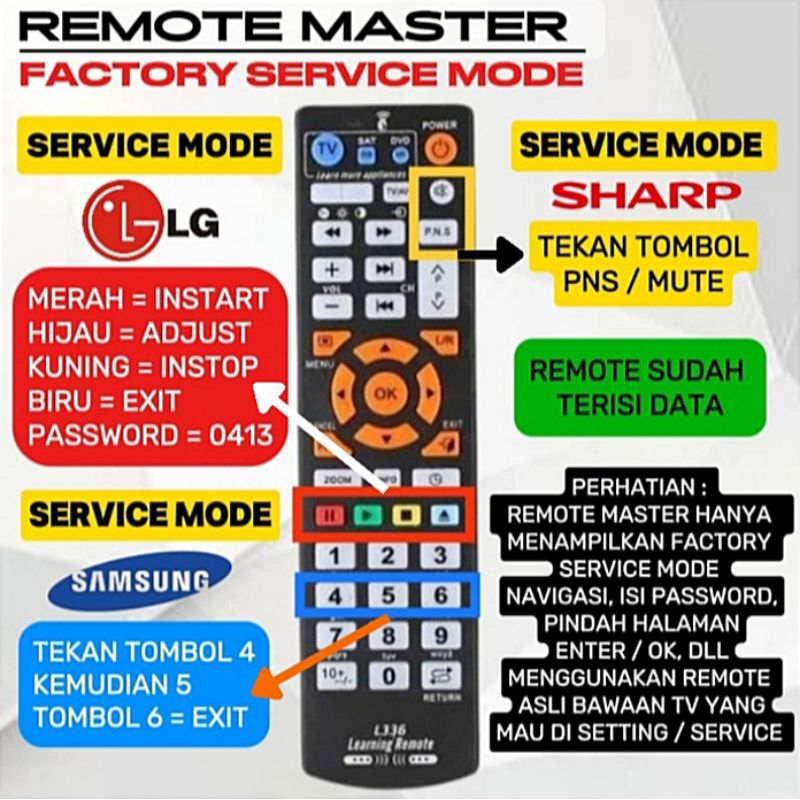 RK REMOTE REMOT MASTER FACTORY SERVICE MODE LG SAMSUNG SHARP REMOTE SAKTI BUKA SERMOD LG SAMSUNG