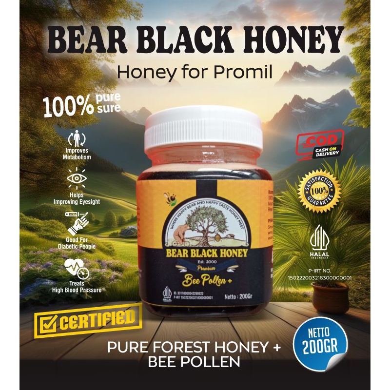 

MADU Mentah Murni BEAR BLACK HONEY / MADU PROMIL Kemasan 200 gram BEEPOLLEN +