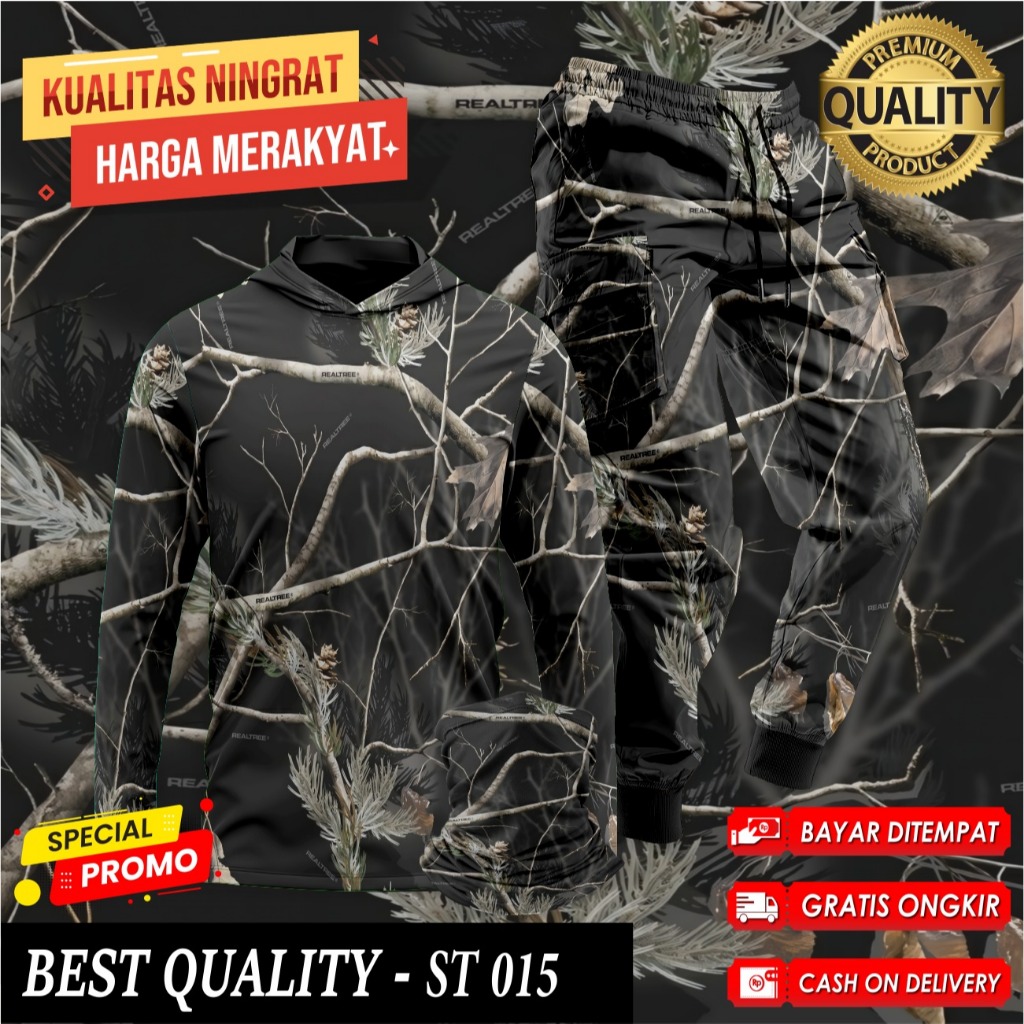 Setelan Baju Camo Hoodie Berburu Hunting Baju Berburu Hutan Kamuflase 1 Set Buff Celana Camo ST-015