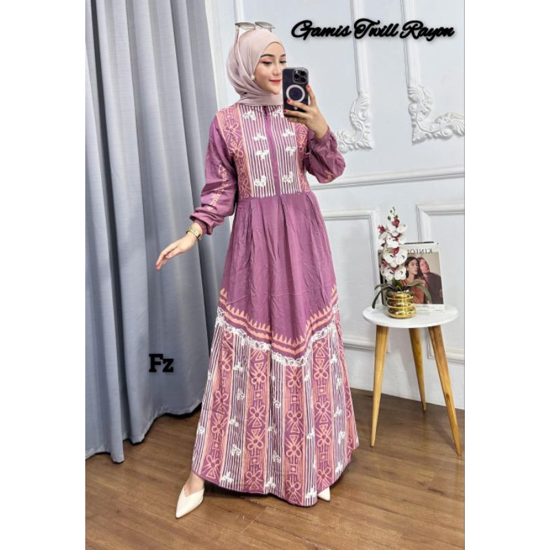 GAMIS TWILL RAYON MOTIF FLOY DUSTY PINK BISA COD
