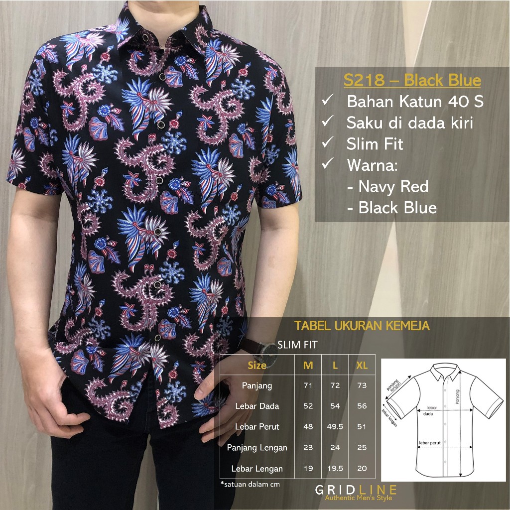 [GRIDLINE - S218] Baju Kemeja Batik Pria Lengan Pendek Regular FULL KATUN Modern Nyaman Adem