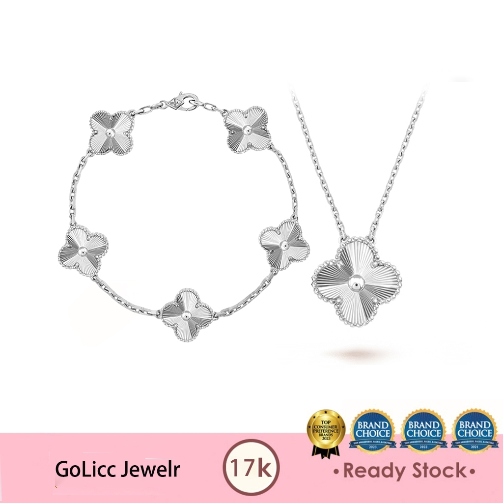 Perhiasan wanita emas putih 17K kalung emas putih empat daun semanggi set kombinasi gelang emas puti