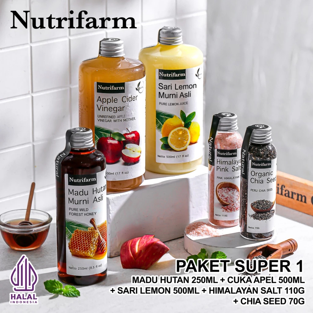 

PAKET SUPER 1 NUTRIFARM/CUKA APEL LEMON MADU HUTAN HIMALAYAN SALT CHIA SEED/CUKA APEL ORIGINAL_ON
