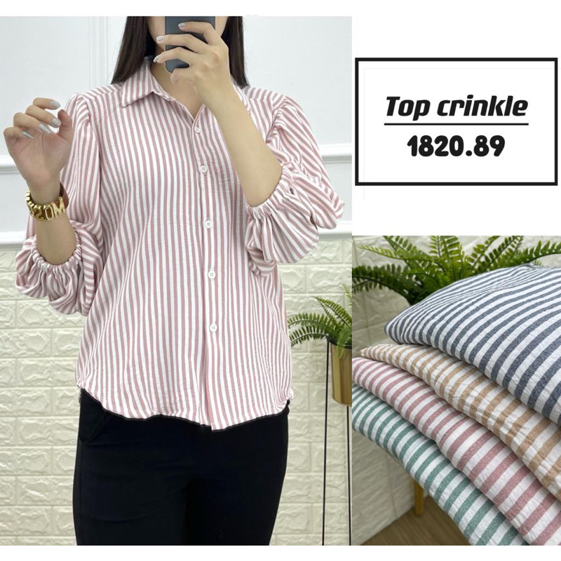 mimita.fashion top cringkel adem motif salur kotak kotak model croptop tangan balon baju wanita atas