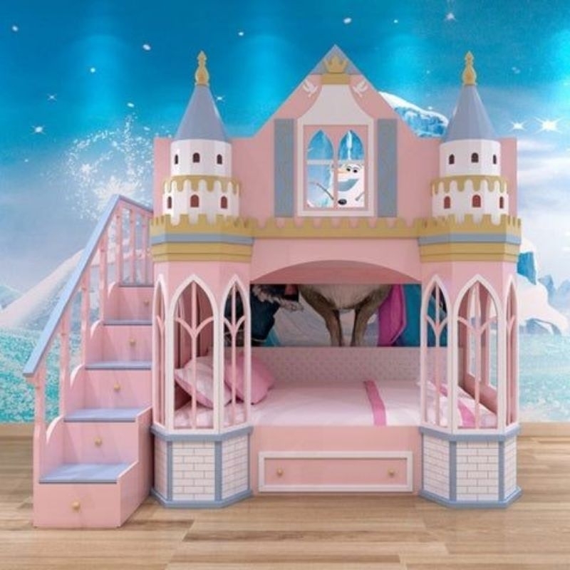 Ranjang anak tingkat perempuan motif istana modern size 120x200, Tempat tidur tingkat anak laci bert