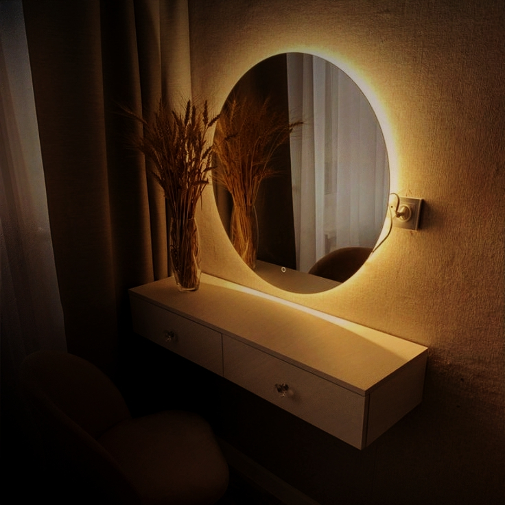 [Decor sr ]Cermin Bulat Aesthetic - Cermin Lampu LED - cermin Dinding - cermin Mek up