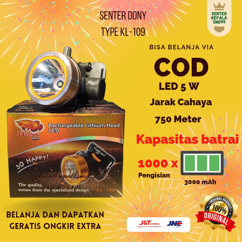 Senter Kepala Dony KL-109 KL 109 Dimmer Original Led Putih Kuning