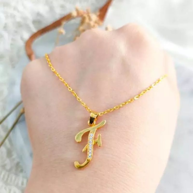 Set Kalung dan Liontin Latin Huruf F Permata Elegant Emas Asli