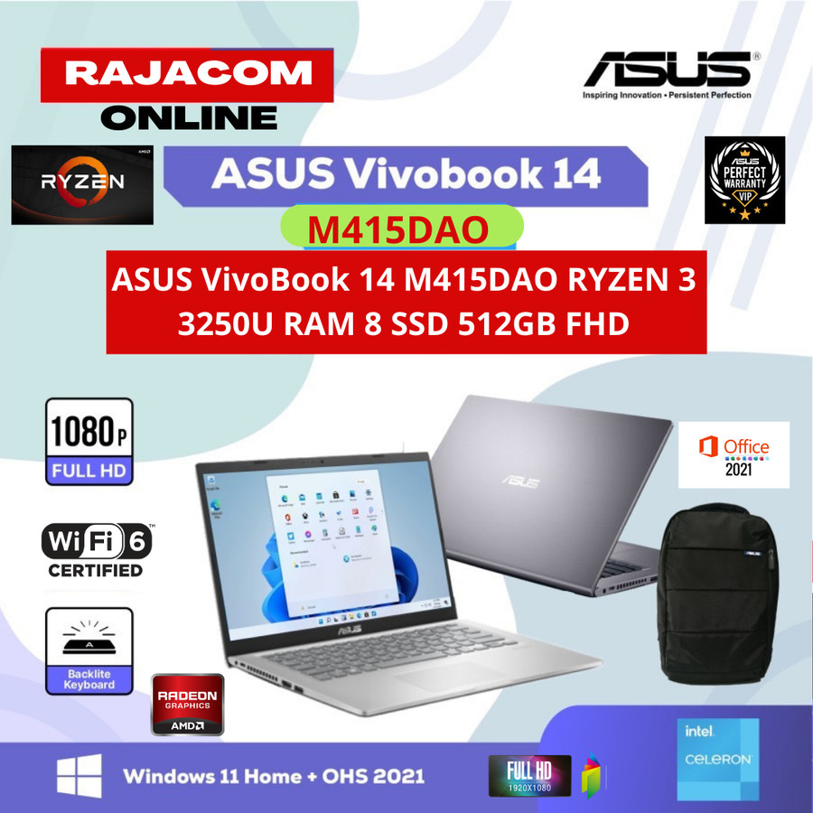 ASUS VivoBook 14 M415DAO - RYZEN 3-3250U 8GB SSD 512GB 14" FHD Win OHS resmi