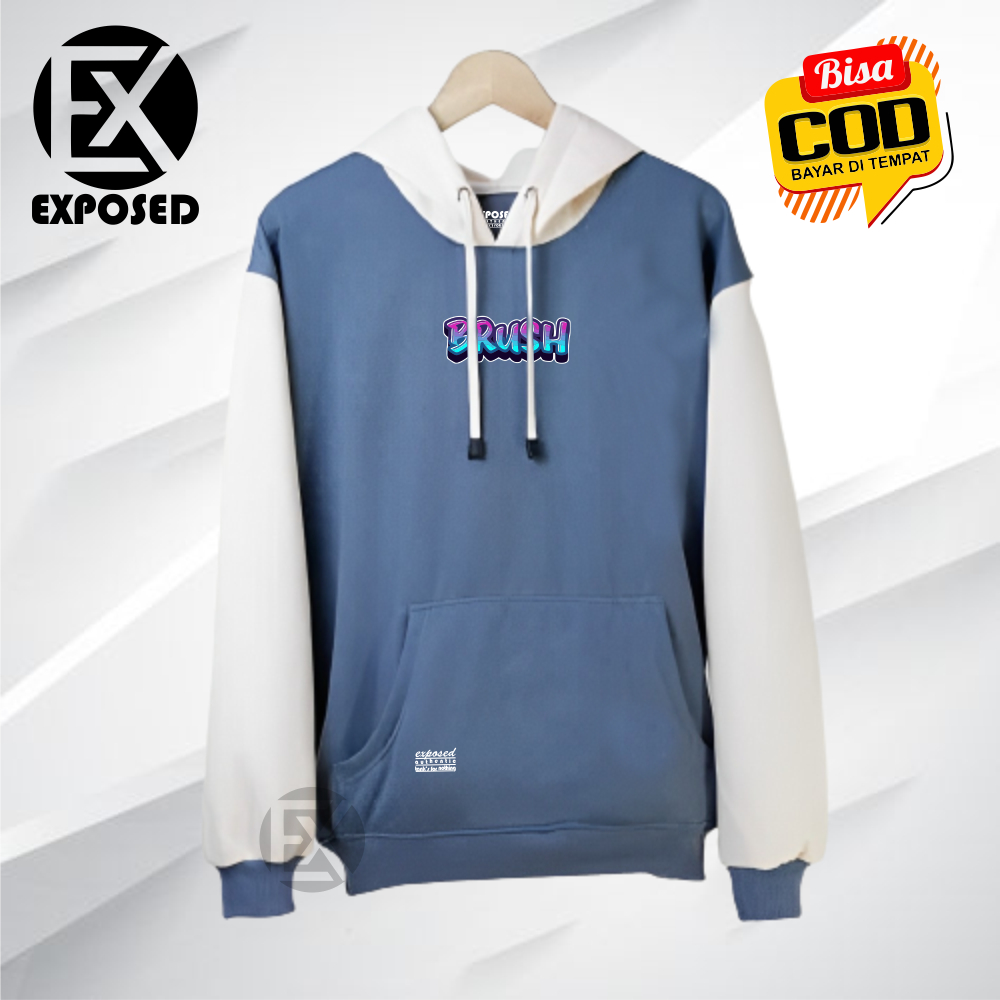 EXPOSED Jacket Hoodie Kombinasi 2 Warna BRUSH Denim Tangan Cream Sweater Hudie Pria Wanita Terbaru 2