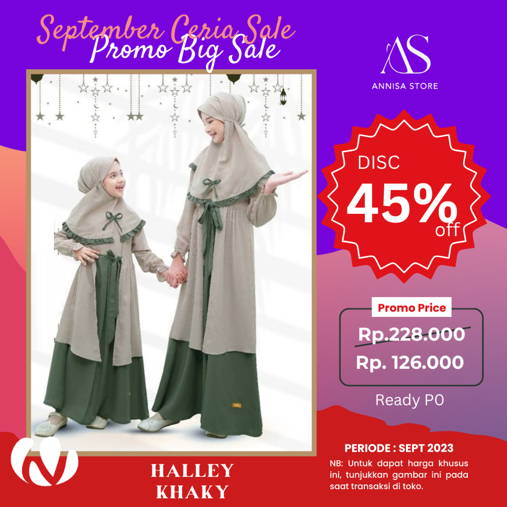 PROMO BIG SALE  SALE SEPTEMBER CERIA DISC 45% / NIBRAS GAMIS ANAK HALLEY KHAKI/ BAJU GAMIS ANAK PERE