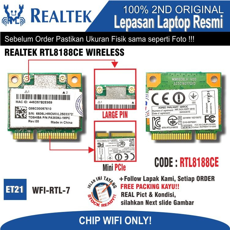 ET21 WFI-RTL-7 Internal WiFi Card WiFi Chip Laptop Notebook Netbook REALTEK RTL8188CE RTL8188CEBT WI