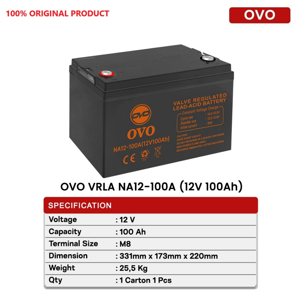 OVO VRLA 12V 100Ah/100 Ah M8 Aki Kering Baterai Battery ORIGINAL
