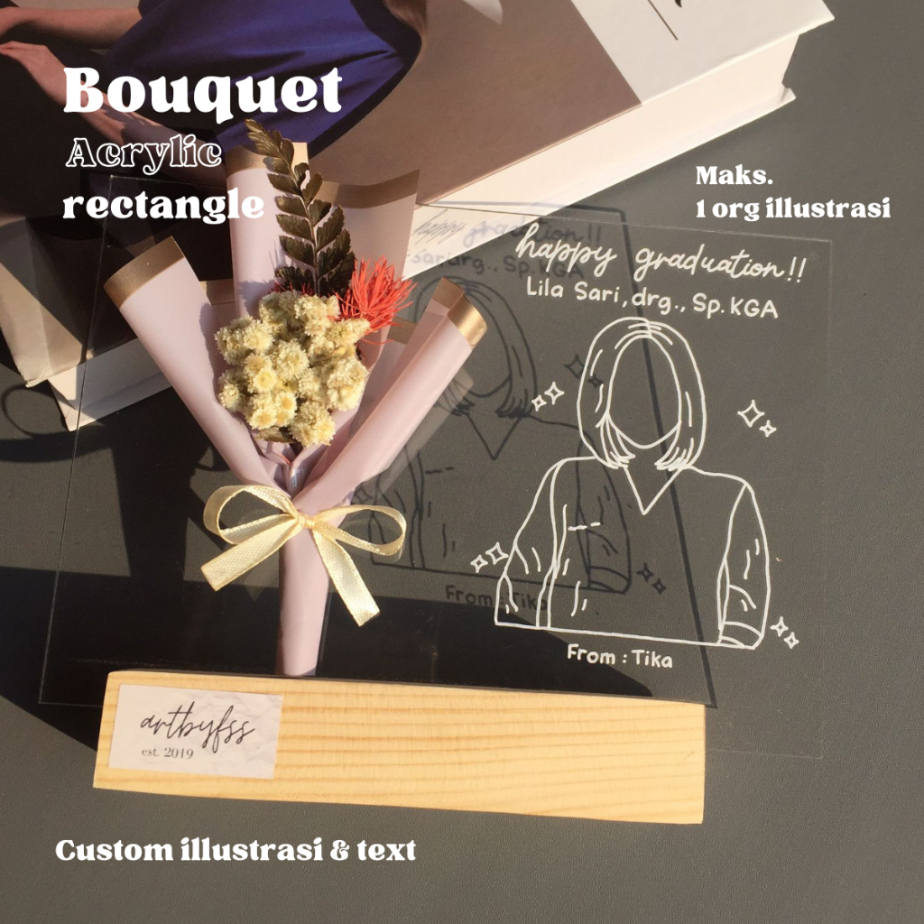 Bouquet Acrylic Rectangle l Acrylic Dried Flower l Kado Wisuda l Kado Ulang Tahun l Acrylic Gift l K