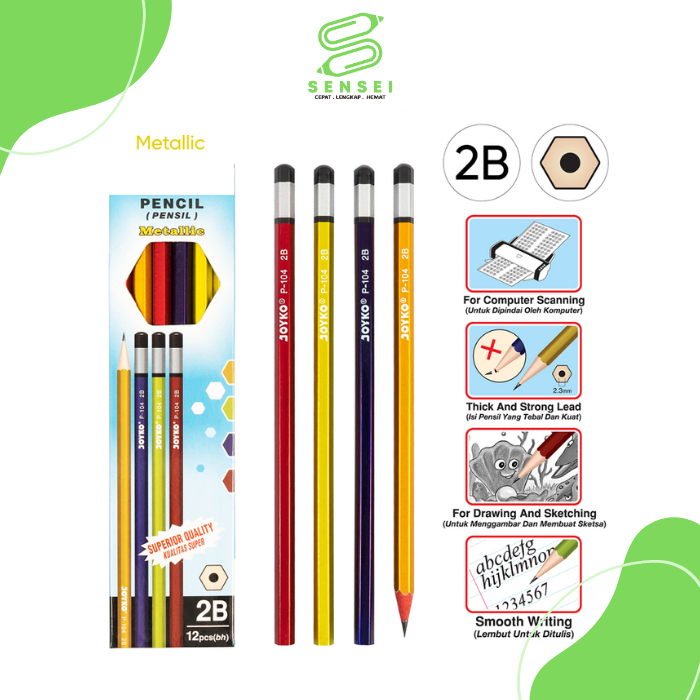 

12 Pcs Pensil Joyko P104 2B Metallic Pencil 2B Murah