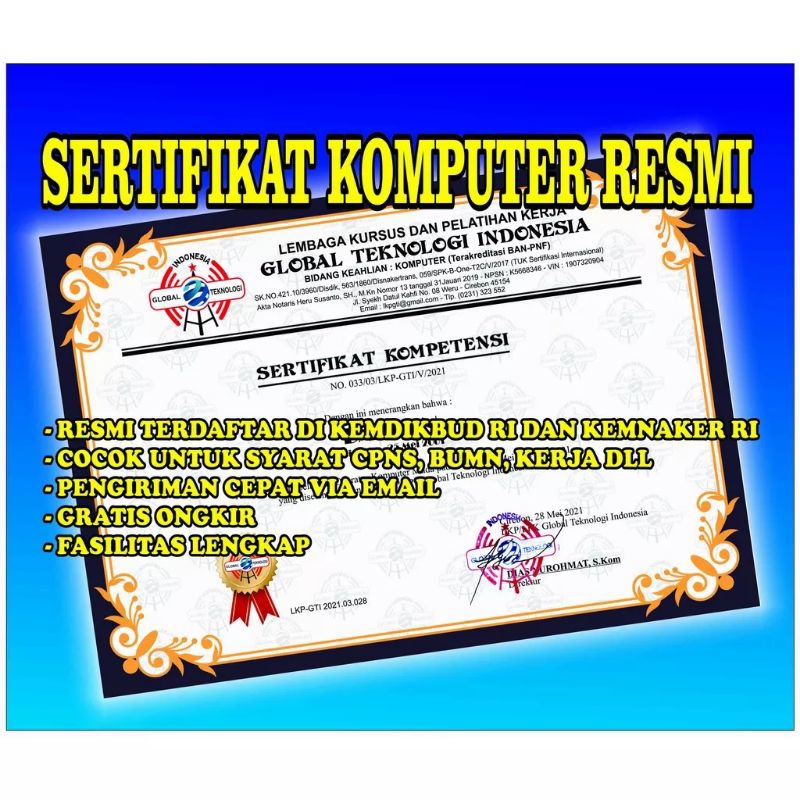 

SERTIFIKAT KOMPUTER RESMI TERDAFTAR DI KEMENDIKBUD RI