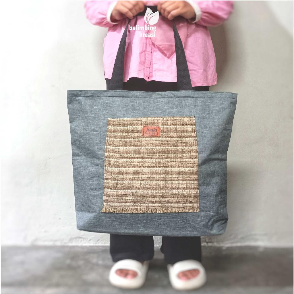 Tas totebag wanita jumbo denim tebal untuk tas belanja belanjaan piknik baju bepergian laundry perle
