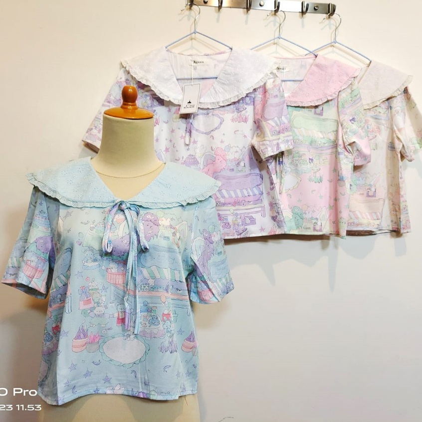Atasan BKK kerah sailor pita motif lengan pendek kartun bahan katun silk merk Bonbon