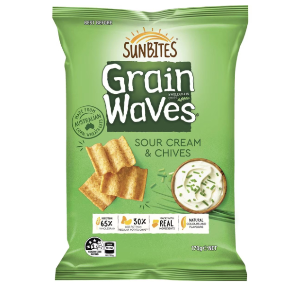 

Sunbites Grain Waves Wholegrain Chips Sour Cream & Chives 170g