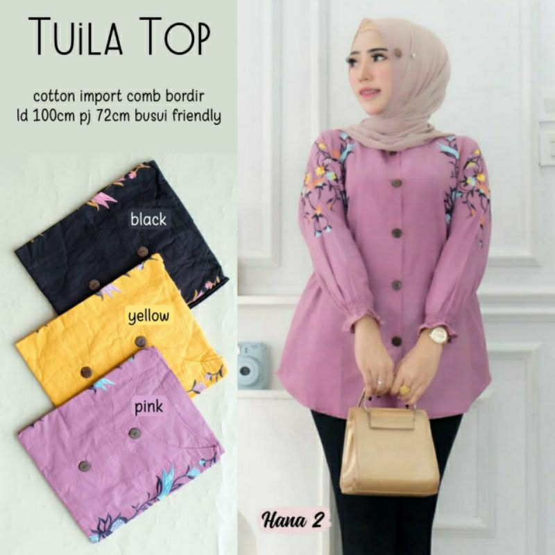 Tuila Top by HANA // 4.9 atasan Kemeja Katun Import kombi Bordir Blouse atasan Wanita Muslim
