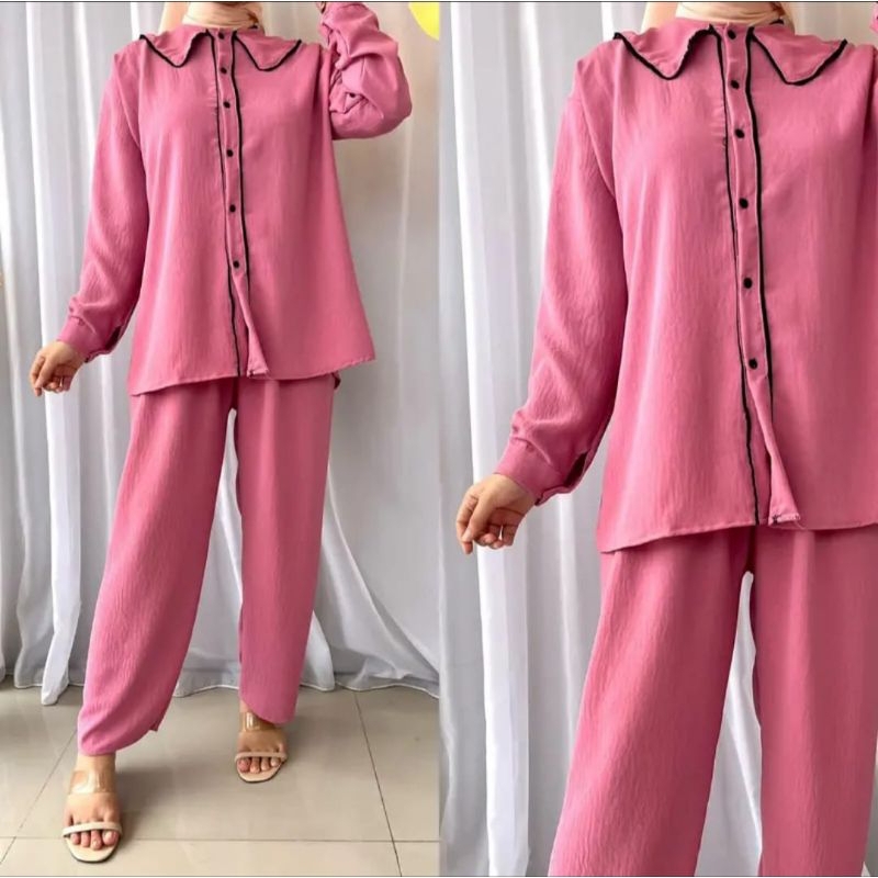 Wanita Pria GA SET//ONE SET CRINKLE//SETELAN WANITA POLOS LIST HITAM//LD110//LD120