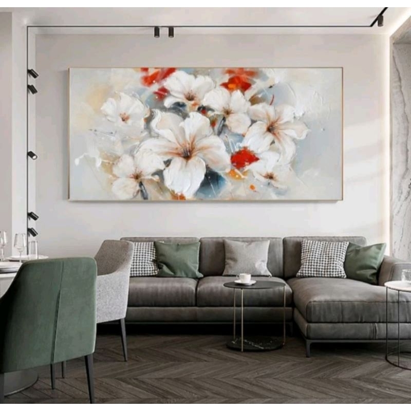 lukisan bunga lily cantik plus frame lukisan dinding ruang tamu besar