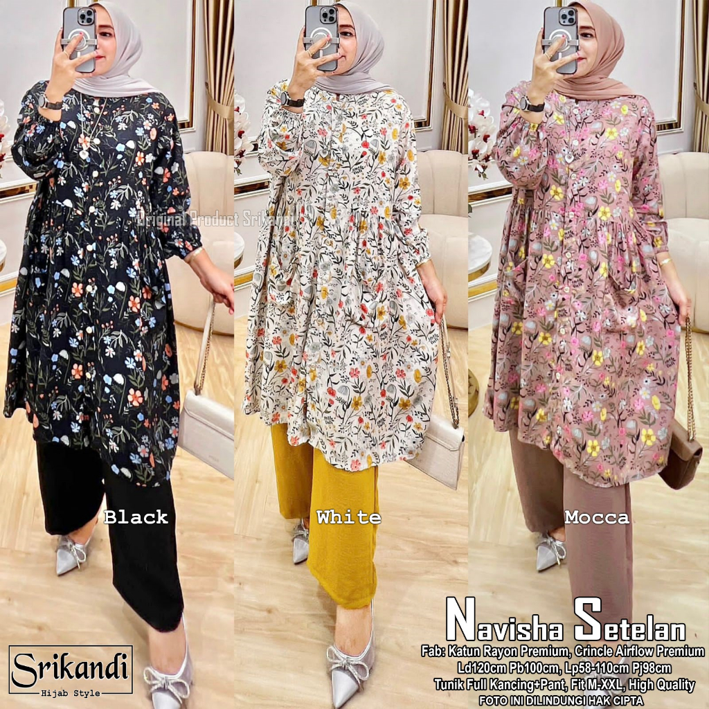 NAVISHA SETELAN TUNIK MOTIF BUNGA DAN CELANA KULOT ONESET JUMBO BUSUI SETCEL WANITA CASUAL KONDANGAN