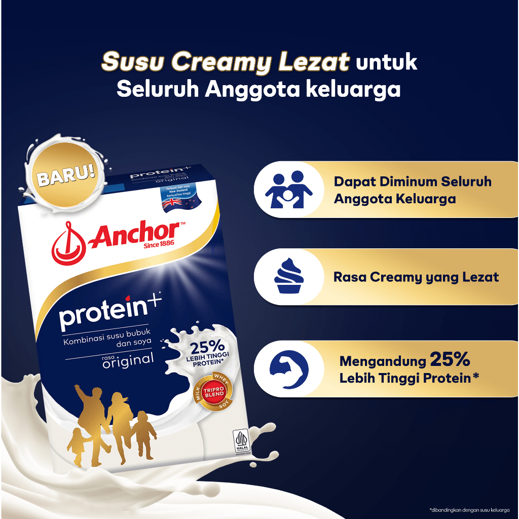 Anchor Milk Protein+ Susu Keluarga Original 175g - Susu Bubuk Tinggi Protein | Sarapan Breakfast