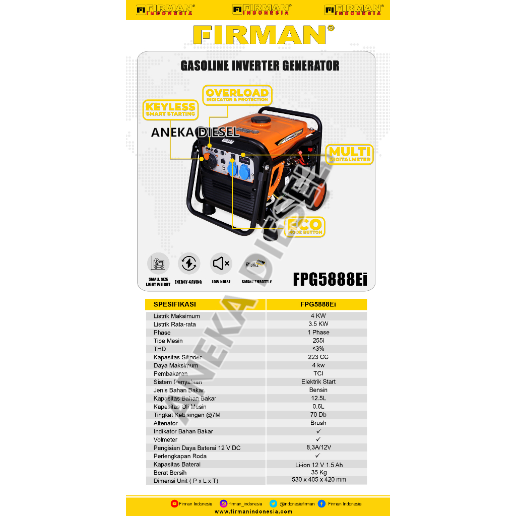 Mesin Genset 4000W FIRMAN FPG 5888Ei Gasoline Generator 4000W FPG 5888Ei FIRMAN Pembangkit Listrik
