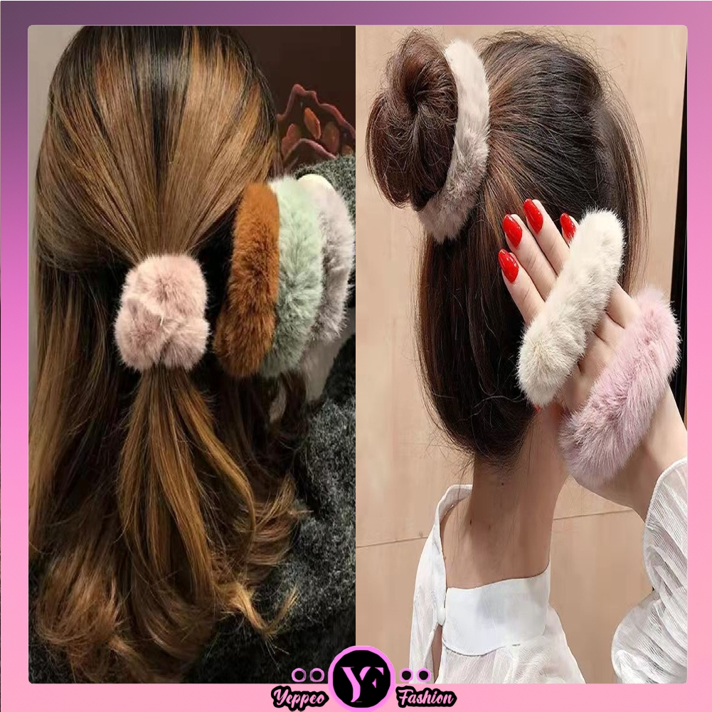 •YF• IR753 Scrunchies Ikat Rambut Model Bulu Bola Pom Pom Ponytail Gaya Korea