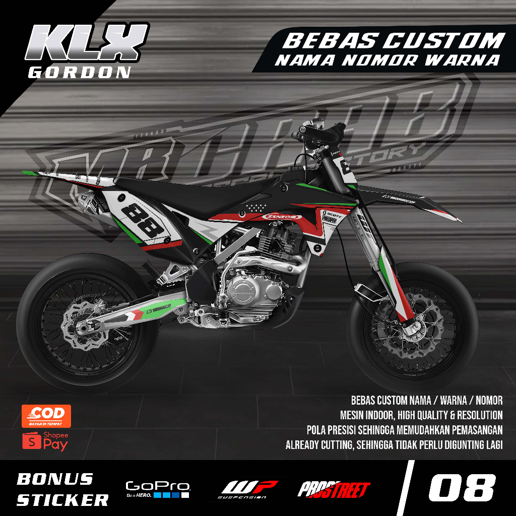 DECAL STICKER KAWASAKI KLX GORDON - DECAL KAWASAKI KLX GORDON PREMIUM FULL BODY CUSTOM 08
