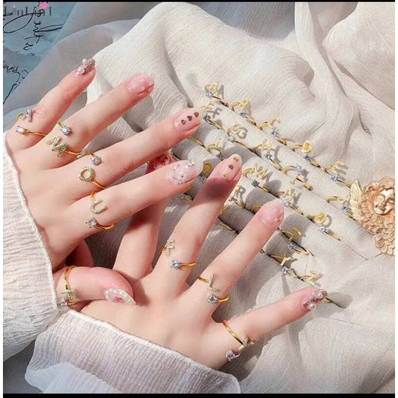 CINCIN TITANIUM HURUF A Z PERMATA BERLAPIS EMAS 24k