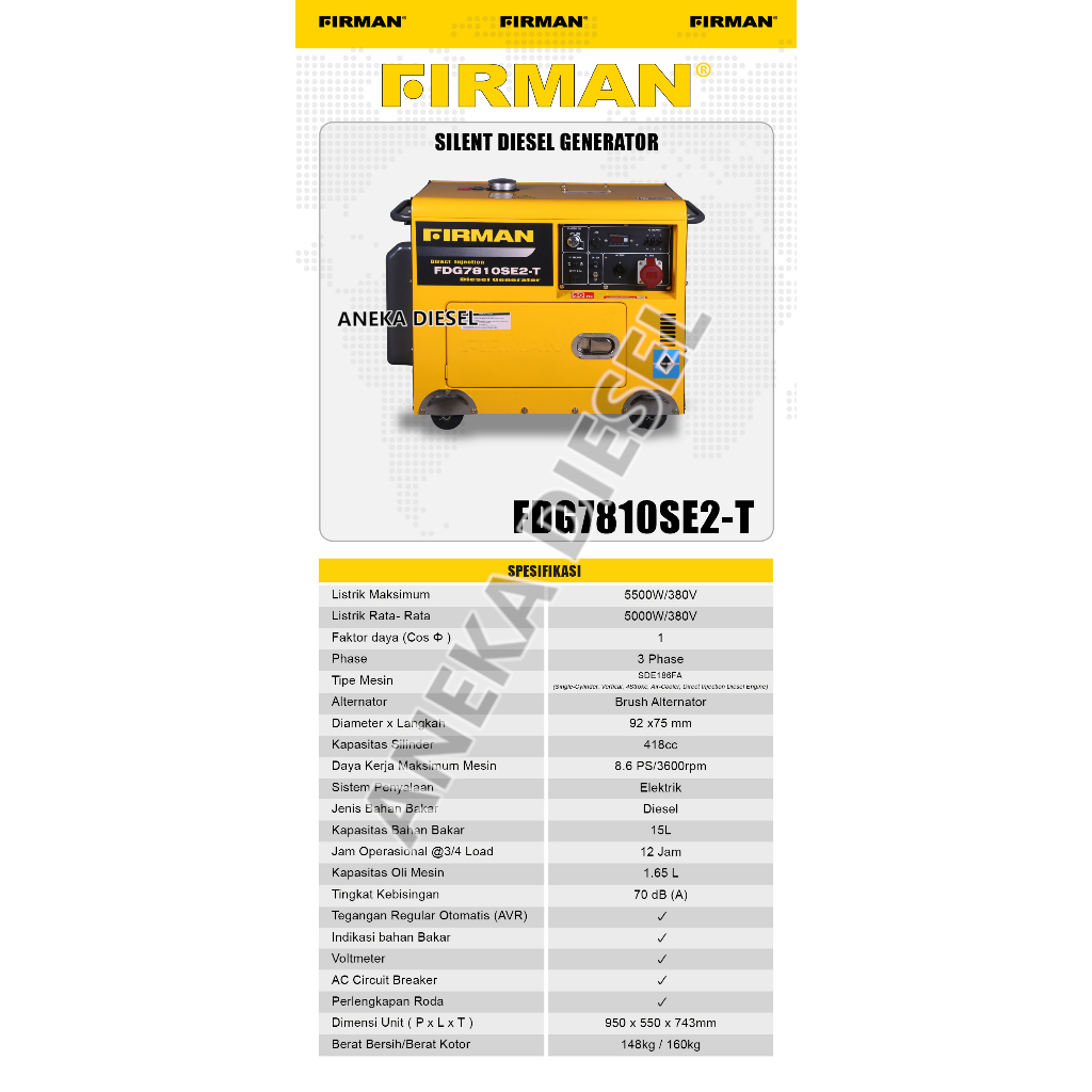 Mesin Genset Solar 5500W FIRMAN FDG 7810SE2-T Diesel Generator 5500W FDG 7810SE2-T FIRMAN Pembangkit